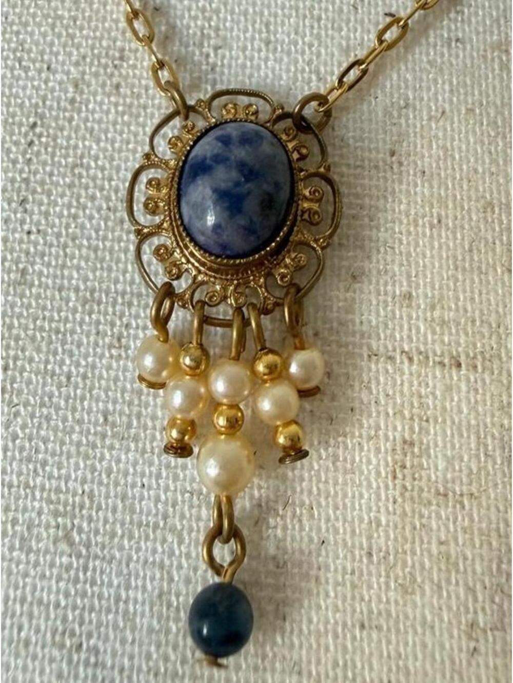 Blue Sodalite Pearl Filigree Dangle Necklace